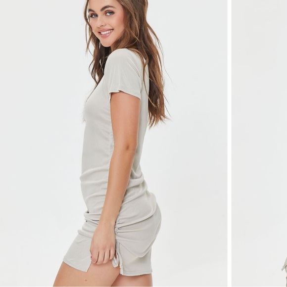 Forever 21 Poof Women’s Ruched Drawstring T-Shirt Dress Bodycon Tibbed Taupe M - Picture 3 of 9